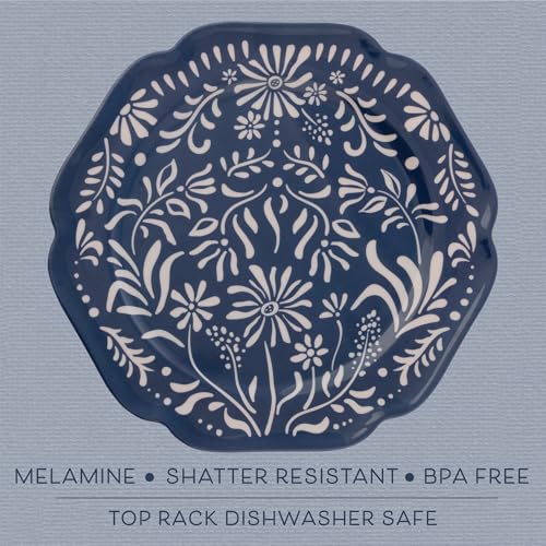 Karma, 8.75 inches Melamine Salad Plates Set of 4, Reusable Dishwasher Safe Plates for Outdoor and Indoor, Blue Bows - color: Blue Bows