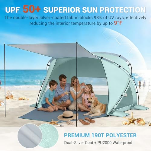 Elegear Beach Tent Sun Shelter with Canopy, CumbreX™ 4-6 Person Pop Up beach tent, Easy Setup UPF 50+ UV Protection Portable Lightweight Waterproof Cooler Family Beach Cabana Sun Shade Shelter - Green - color: Green