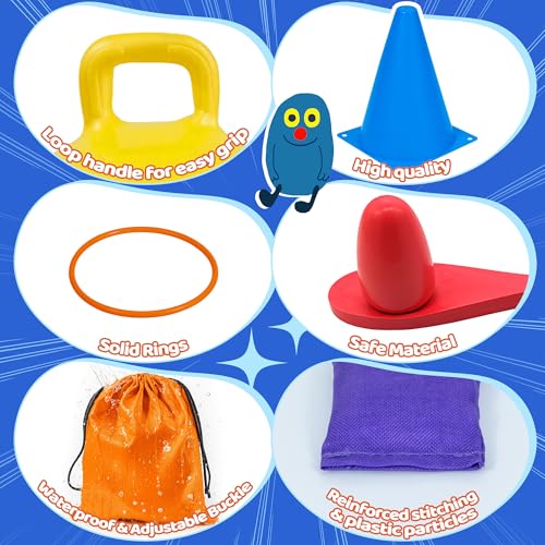 JOY SPOT! Carnival Outdoor Games Combo Set for Kids, 18 Inch Hopper Balls with Handles, Ring Toss, Bean Bags, Egg Spoon Relay Race, Fun for Backyard, Field Day, School, Birthday Parties, Family Events - style: Deluxe