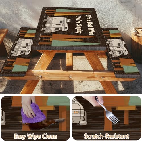 Picnic Table Cover with Bench Covers Elastic Edges, Outdoor Patio Camping Essentials 72 Inch 3PCS, Waterproof Camping Fitted Tablecloth with Handbags (Life is Best When You're Camping) - color: Wooden Camping Trailer