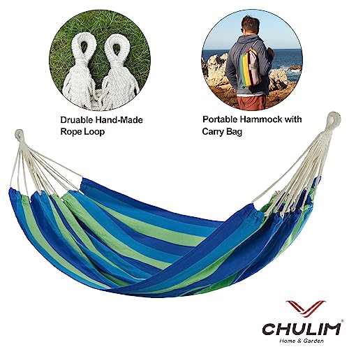 CHULIM Brazilian Double Hammock with Tree Straps,Extra Large 240x160cm,2 Persons Hammock for Backyard Patio Outdoor and Indoor,450lbs Weight Capacity,Soft Woven Cotton Fabric - color: Blue Green Stripe