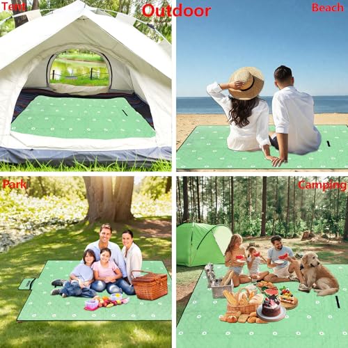 Cute Large Picnic Blanket 79"X60" Foldable Waterproof Outdoor Beach Picnic Mat Rug Sand Proof Compact & Portable Cozy Blanket for Camping Lawn Grass Hiking Concerts Tent Indoor Play Mat, Green Daisy - color: Green Daisy