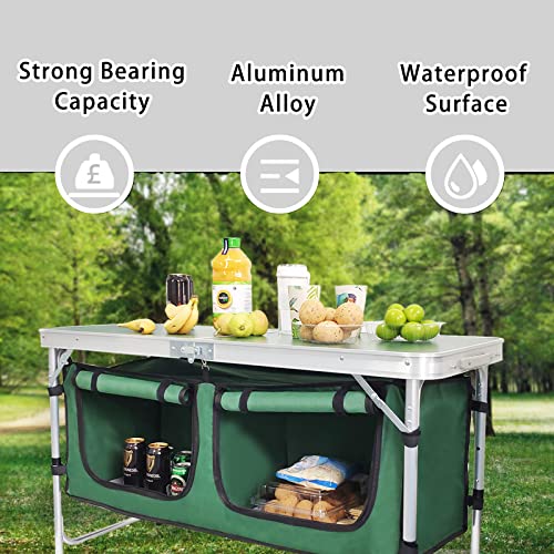 CampLand Outdoor Folding Table Aluminum Lightweight Height Adjustable with Storage Organizer for BBQ, Party, Camping - color: Green