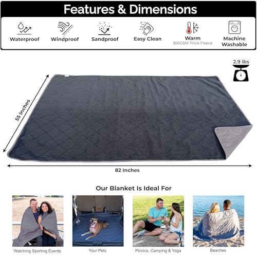 BRAWNTIDE Large Outdoor Waterproof Blanket - Extra Thick Fleece, Warm, Windproof, Sandproof, Quilted, 82" x 55", Ideal for Beaches, Picnics, Camping, Stadiums, Dogs, Car - color: Gray