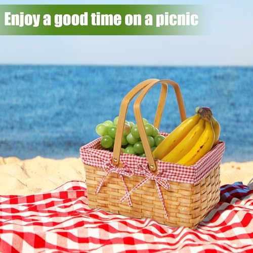 Patelai Wicker Picnic Basket Natural Hand Woven Basket with Double Folding Handles, Willow Hamper Baskets with Blanket for Outdoor Picnic Summer Spring Camp Family(Red and White Grid) - color: Red and White Grid