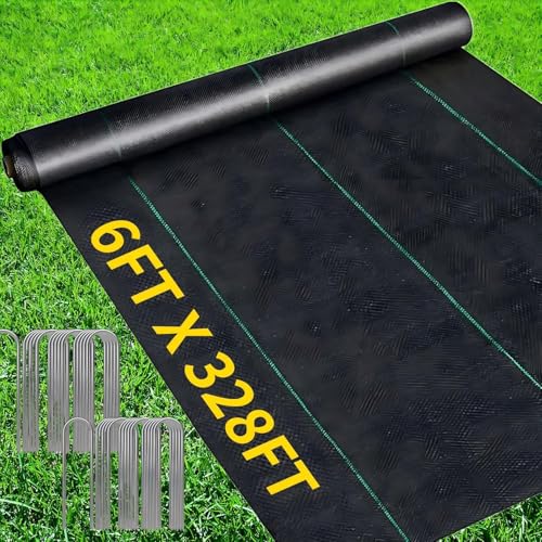 6FT X 328FT Garden Weed Barrier Landscape Fabric Heavy Duty Ultra Thick Premium Weeds Control Mat Ground Cover Weed Block Gardening Mat, 40 Ground Stakes Included - size: 6ft x 328ft