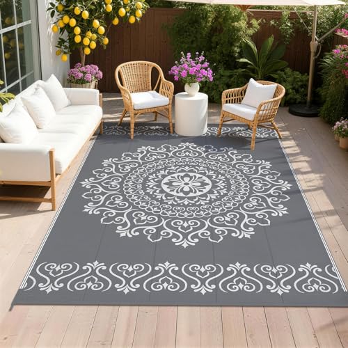 Pauwer Waterproof Outdoor Rug 6x9, Reversible Plastic Straw Patio Camping Rug, Indoor Outdoor RV Mat Carpet for Deck, Camper, Porch, Balcony, Backyard, Picnic, Floral Grey - color: Floral Grey, size: 6' x 9' (Rectangular)