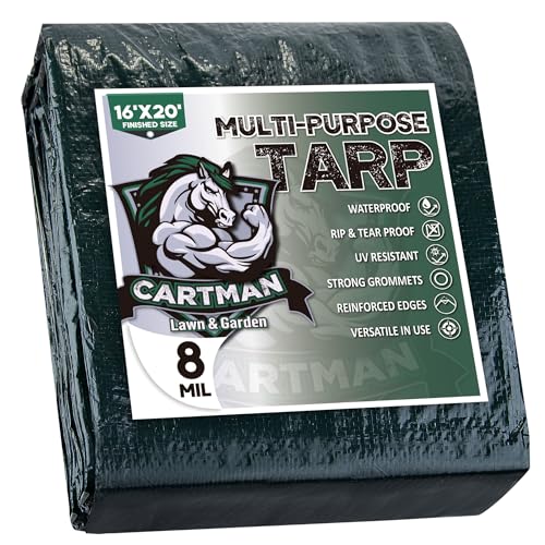 CARTMAN Finished Size 16x20 Feet Waterproof Green Tarp 8 Mil Thick, Multipurpose Protective Cover for Emergency Rain Shelter Camping Tarpaulin - size: 16'×20'