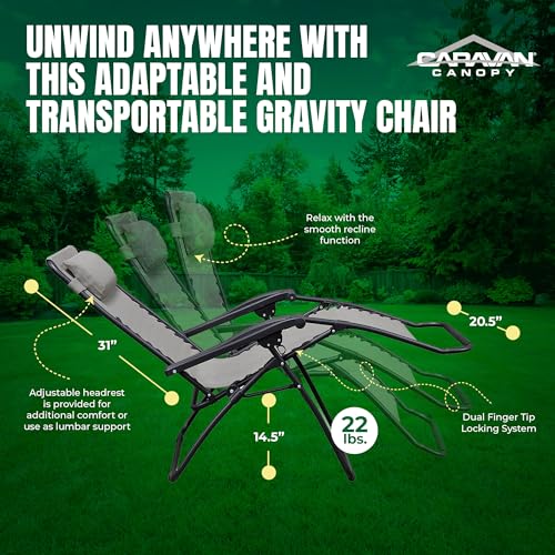 Caravan Sports Zero Gravity Outdoor Portable Folding Camping Lawn Deck Patio Pool Recliner Lounge Chair for Adults, Adjustable Headrest, Gray - color: Grey