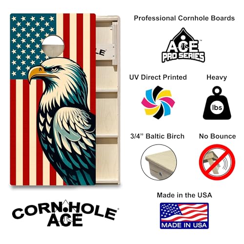 CornholeAce ACE PRO American Flag Cornhole Board Set - No Bounce! Triple Wide Legs, 3/4" Baltic Birch Plywood, Handles, Regulation Size (4x2ft), Tournament Style, Made in USA - color: Vintage Patriotic Eagle
