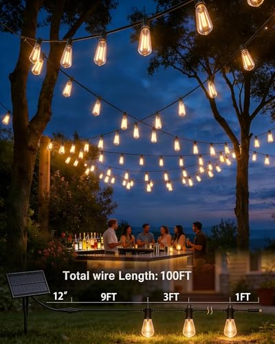 TW SHINE 100 FT Solar String Lights Outdoor, 31+2 LED Waterproof Shatterproof Bulbs with Remote Dimmable Timer, 3 Lighting Modes Patio Light for Garden Yard Wedding Party Holiday Decoration