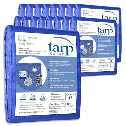 KOTAP All-Purpose Multi-Use 5-mil Poly Tarp, Blue, Cut Size 8 x 12 ft./Finished Size 7 ft. 4 in. X 11 ft. 6 in., TRA-0812-17, Waterproof - color: Blue, size: 8 X 12 Ft., (17-pack)