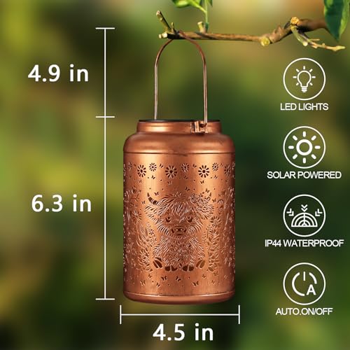 Solar Lanterns Outdoor Waterproof Garden Decor Birthday Gifts for Women Mom Grandma Hanging Solar Lights Metal Decoration Outside for Yard, Patio (Highland Cattle) - style: Highland Cattle