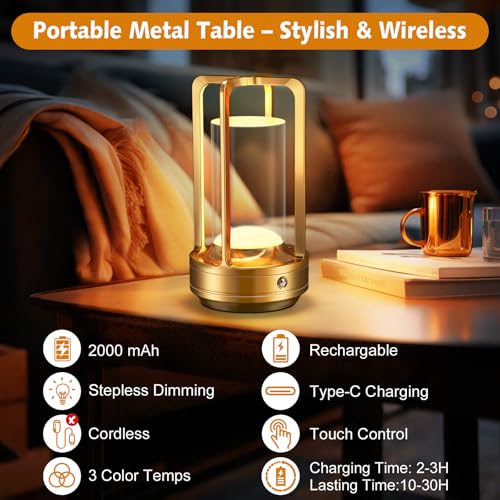 Rechargeable Table Lamp for Outdoor Indoor: Cordless Portable Table Lamps with 3 Color Stepless Dimmable - LED Metal Battery Operated Lantern - Small Table Lamp for Bedroom/Bar/Coffee Shop/Camping - color: Gold