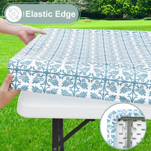misaya Rectangle Vinyl Table Cloth, Elastic Fitted Flannel Backed Tablecloth, 100% Waterproof Plastic Table Cover Fits 4 Foot Folding Tables for Picnic, Camping, Outdoor (Aqua, 30" x 48") - color: Aqua, size: 48" x 30" (Rectangular)