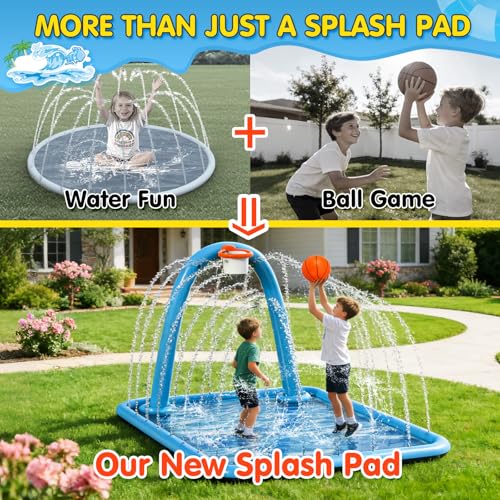 Instraella Splash Pad, 110x91'' 2-in-1 Large Sprinkler Mat with Basketball Hoop and Arch for Kids Outdoor Play, Shoot Game for Backyard, Inflatable Water OutdoorToys More Fun for Boys and Girls - size: Square 110*91 in