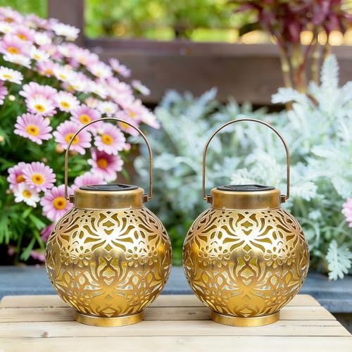 2 Pack Solar Lanterns Outdoor Gifts, IP44 Waterproof Hanging Solar Lights Decor Lamp for Garden, Patio, Pathway, Yard, Porch (Shiny Gold Flower) - color: Shiny Gold Flower