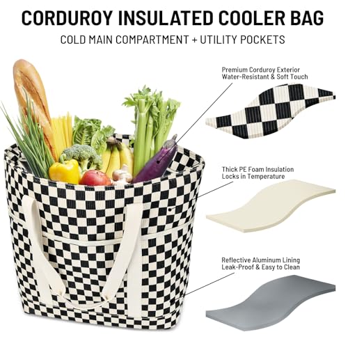 Corduroy Insulated Cooler Bag, Large Reusable Grocery Bags with Zippered Top, Collapsible Soft Sided Cooler Tote for Hot and Cold Food, for Beach, Travel, Picnic and Camping