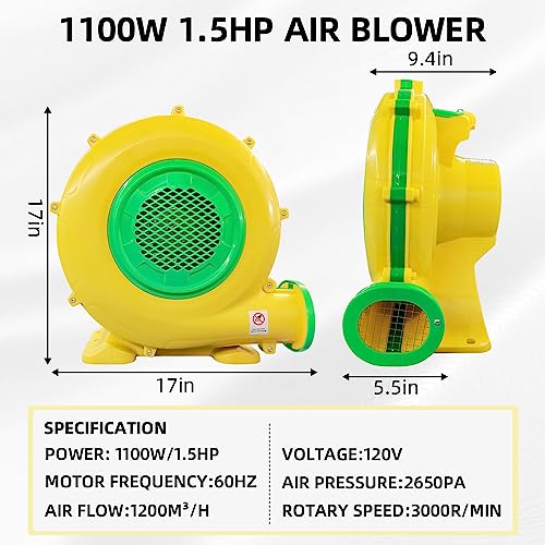 1100Watt/1.5HP High Power Air Blower for Large Inflatables, GONFLABLE Inflatable Bounce House Blower, Portable Fan Pump Leaf Blower Corded Commercial for Bouncy Castle, Jumper, Water Slide - style: 1100W 1.5HP