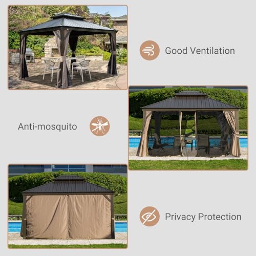 Domi 10' X 13' Hardtop Gazebo, Upgraded Metal Gazebo with Drainage System, Dual-Layer Galvanized Steel Roof, Curtain and Netting, Outdoor Shelter Canopy for Patio, Garden, and Backyard, Brown - color: Brown, size: 10'x13'/w gutter