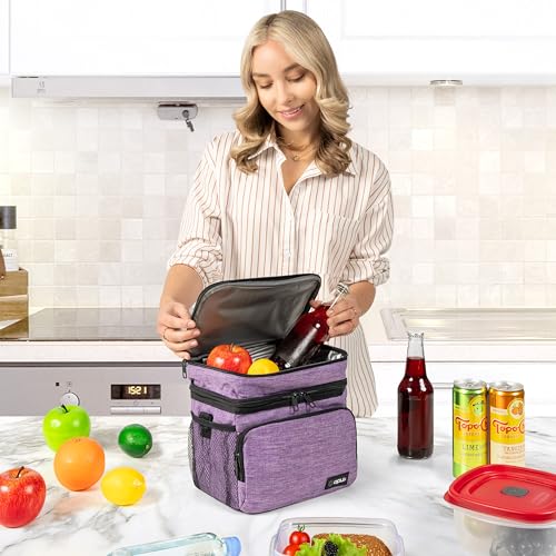opux Insulated Lunch Bag for Men Women, Large Dual Compartment Cooler Bag, Soft Two Deck Lunch Box for Work School Picnic, Leakproof Lunch Tote with Shoulder Strap for Kid Adult (Purple, Double Deck) - color: Heather Purple, size: Double Deck