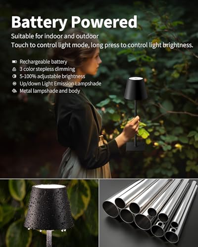 KDG 2 Pack Cordless Table Lamp, Portable LED Desk Lamps, 5000mAh Battery Operated, 3 Color Stepless Dimming Up, for Restaurant, Bedroom, Outdoor Camping, Coffee Shop, Night Light, Rechargeable (Black) - color: Black-2