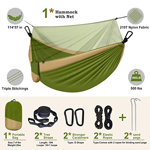 Camping Hammock with Net,Portable Lightweight Double Hammocks with Tree Straps and Solid D-Shape Carabiners,Parachute Nylon Hammock for Backpacking Beach Backyard Patio Hiking Green&Khaki - color: Green & Khaki, size: X-Large