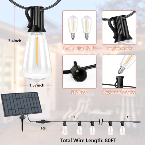 Bosceos Solar Outdoor String Lights Waterproof, 80FT Solar Powered String Lights for Outside with Shatterproof Bulbs, Dimmable ST38 LED Lights String, Patio Hanging Lights for Backyard Garden Party - size: 80FT