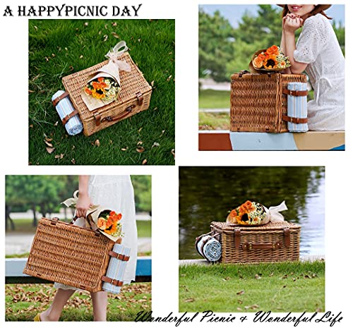 HappyPicnic Wicker Picnic Basket Set for 4 Persons | Large Willow Hamper with Large Insulated Cooler Compartment, Waterproof Blanket and Cutlery Service Kit-Classical Brown - color: Dark Honey Color for 4 Persons