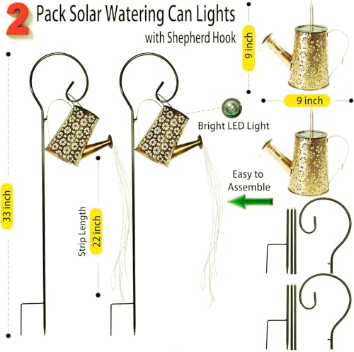 2 Pack Solar Watering Can Lights with Shepherd Hook, 8 Multi-Color Changing Modes, IP65 Waterproof, 60pcs String Lights for Outdoor Garden Pathway Lawn Patio Deck Walkway Courtyard - color: Rainbow-Colored-3