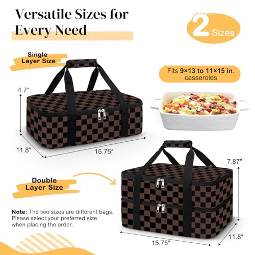 Coobiiya Insulated Casserole Carrier,Lasagna Lugger Tote Keeps Food Hot or Cold,Thermal Lunch Bag Warmer & Cooler Carrier Bag,Portable Tote Bag Fits 9" x 13" Baking Dish for Picnic and Cookout - color: Brown Grid, size: Double Layer: 15.75 × 11.8 × 7.87 i