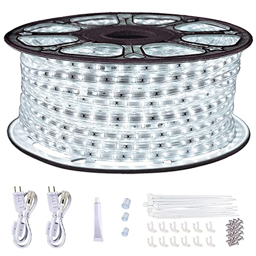 SURNIE 150ft LED Rope Lights Outdoor Waterproof: 110V Daylight White Dimmable Flat Strip Light 6500K Cuttable Connectable for Stairs Deck Backyards Commercial Indoor Outdoor Lighting, Not Tube Rope - color: White, size: 150ft