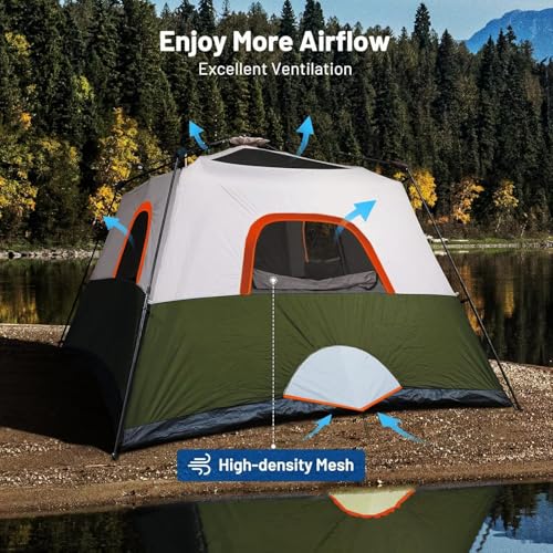 3/4 Person Camping Tent with 1 Door, 4 Windows, and Upgraded Ventilation– Instant Setup, Waterproof, 8'x 8'x 67''Oxford Fabric Floor Pop Up in 60 Seconds Includes Rainfly and Backpack - color: 4 Person Army Green