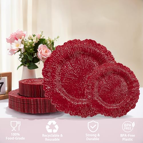 DaYammi 60Pcs Red Plastic Plates - Red Pates Disposable & Reusable - Heavy Duty Plastic Plates for Party Including 30 Dinner Plate,30 Dessert Plate,red disposable plates for Parties Wedding - color: Red