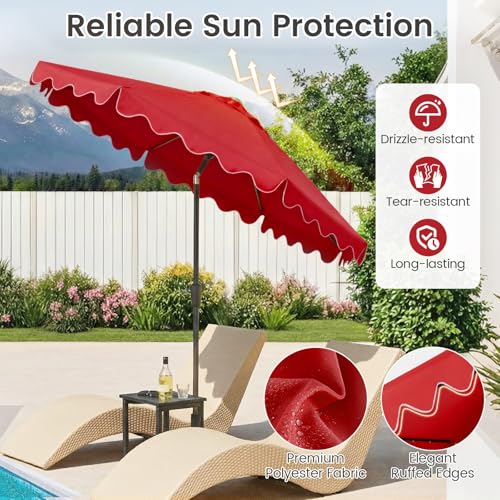 Tangkula 9 FT Solar Patio Umbrella with Base Included, 2-Tiers Outdoor Scalloped Table Umbrella with 32 LED Lights, 2 Sandbags, Tilt Adjustment, Crank, 8 Ribs for Market Backyard Pool Deck Beach Lawn - color: Red, size: 9 FT