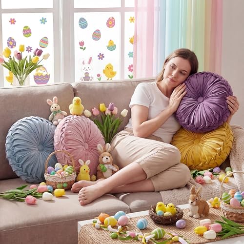 Kathfly Set of 4 Decorative Round Pleated Throw Pillows, Classy Velvet Pumpkin Round Throw Pillows, Decorative Floor Pillow for Bed Chair Home Sofa Decor, 14" Diameter(Pastel Color) - color: Pastel Color