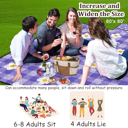 Extra Large Picnic Blanket Waterproof,80"x 80"Foldable Machine Washable Beach Blanket,Outdoor Blanket for 6-8 Adults,Suitable for Indoor Crawling,Park Beach,Camping,Hiking,Family Travel(Purple) - color: Purple Tile, size: 6'8" x 6'8" (Square)