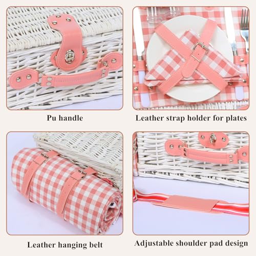 Picnic Basket for 2 with Blanket, Willow Picnic Basket Set with Shoulder Strap&Wine Pouch, Large Willow Hamper with Insulated Cooler for Outdoor, Camping, Beach, Couples, Wedding Gift - color: Pink and White Grid