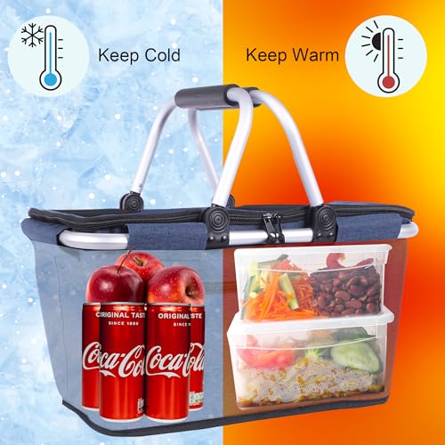Picnic Basket, SIYUAN Collapsible Shopping Basket with Lid 27L Large Market Basket with Handles Reusable Folding Grocery Basket Insulated Cooler Bag for Picnic Travel, Blue - color: Blue