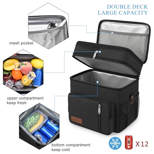 MIYCOO Lunch Bag & Lunch Box for Men Women, Double Deck Leakproof Insulated Soft Large Adult Camping Cooler bag for Work, Beach, Picnic, Travel (Black, 15L) - color: 1 - Black