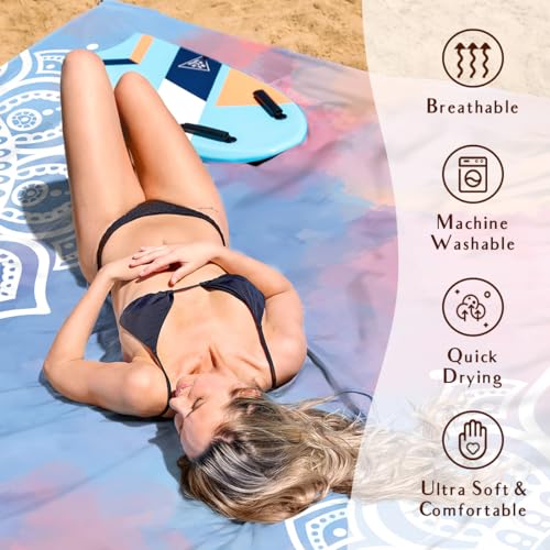 AlphaBeing Beach Blanket Waterproof Sandproof, Extra Large Beach Mat for 1–8 Adults, Oversized Picnic Blanket with 4 Stakes & Storage Bag, Essential Beach Gear for Travel - color: Mandala, size: 79“×83”