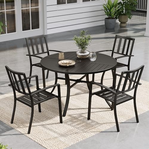 Sophia & William Round Patio Table and Chairs Set, Outdoor Dining Set for 4, 5 Piece Metal Patio Furniture, 42" Black Table(Stripe) - color: Stripe, size: 42" Dia