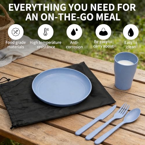 Camping Cooking Utensils, 5-Piece Camping Mess Kit with Plate, Cup, Spoon, Fork, Knife and Carry Bag, Reusable Camping Essentials Gear, Accessories for Home, Poolside, Outdoor, Picnic, Camp