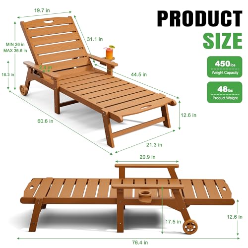 Outdoor Lounge Chair with 5-Position Adjustable, Outside Lounge Chair with Cup Holder, Wheels for Easy Mobility, HDPE Tanning Chair for Poolside, Patio, Brown - color: Brown, size: 1pc