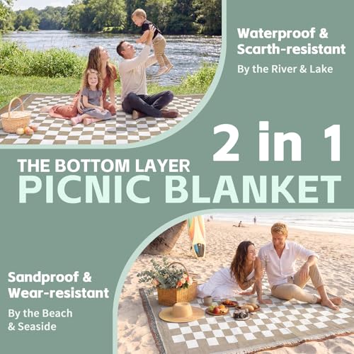 2 in 1 Extra Large Boho Beach Blanket Towel Sand Free Outdoor Picnic Mat Giant Oversized Xl Big Jumbo Huge Turkish Woven Throw Cloud Summer Vacation Essential Travel Must Have Accessories Women Gift - color: Checkered Brown