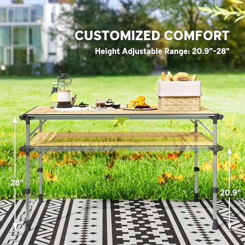 Outsunny Folding Camping Table, Adjustable Height Aluminum Table, Portable Camping Table for Picnic, Beach, BBQ, Light Brown