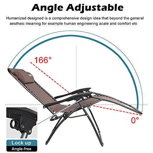 VINGLI Upgraded Zero Gravity Chair Set of 2 Lounge Outdoor Chairs with Trays and Pillows, Folding Patio Recliner Chairs for Backyard Poolside Garden - color: Brown