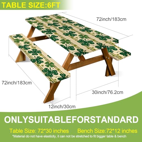 ANNA QUEEN St. Patrick’s Day Clover 6FT Picnic Table Cover with Bench Covers Set of 3 with Drawstring Bag, Green Clover 72"x30" Waterproof Picnic Tablecloth & Bench Covers for Outdoor Dining - color: #53