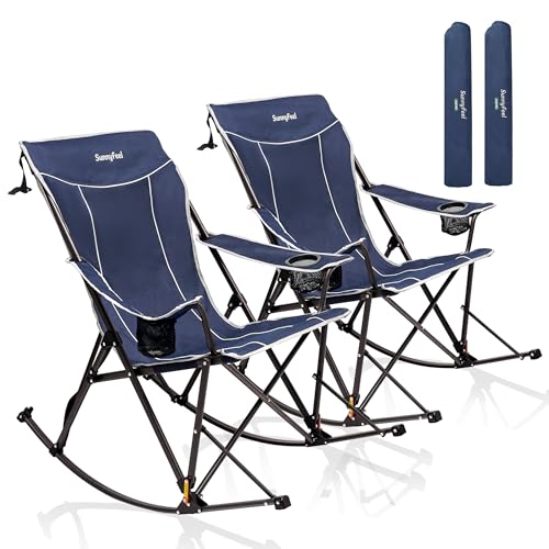 SUNNYFEEL Oversized Folding Rocking Camping Chair with Buckle Design 2 Pcak Outdoor Rocker High Back Lawn Camp Rocker Chair with Cup Holder 500 LBS for Outdoor/Camping/Lounge/Patio with Carry Bag - color: Blue, size: 2 Pc