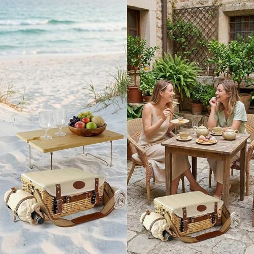 Multifunctional Wicker Picnic Basket Set for 2 Adults with Picnic Table and Blankets,Large Insulated Picnic Set with Wine Pouch and Full Tablewares for Camping Outdoor Couples Natural Beach Wedding - color: Nature2